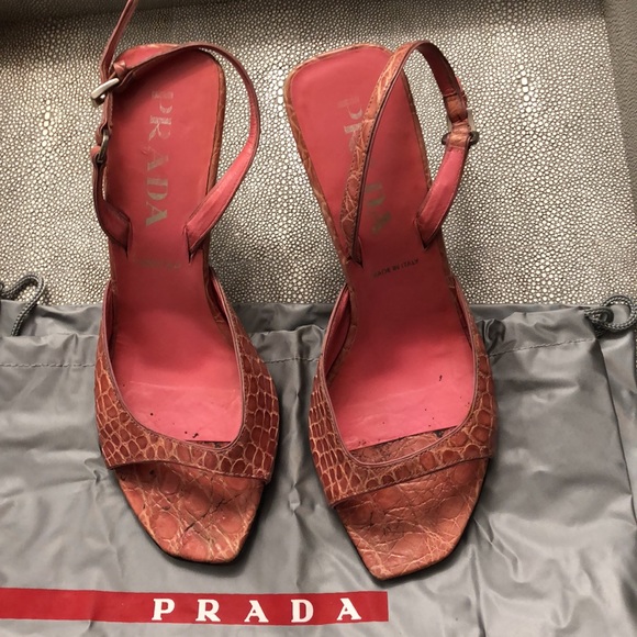 PRADA 35.5 GENUINE ALLIGATOR CROC Pink Sandals 3” heel, bottom new, dust bag - Picture 3 of 12